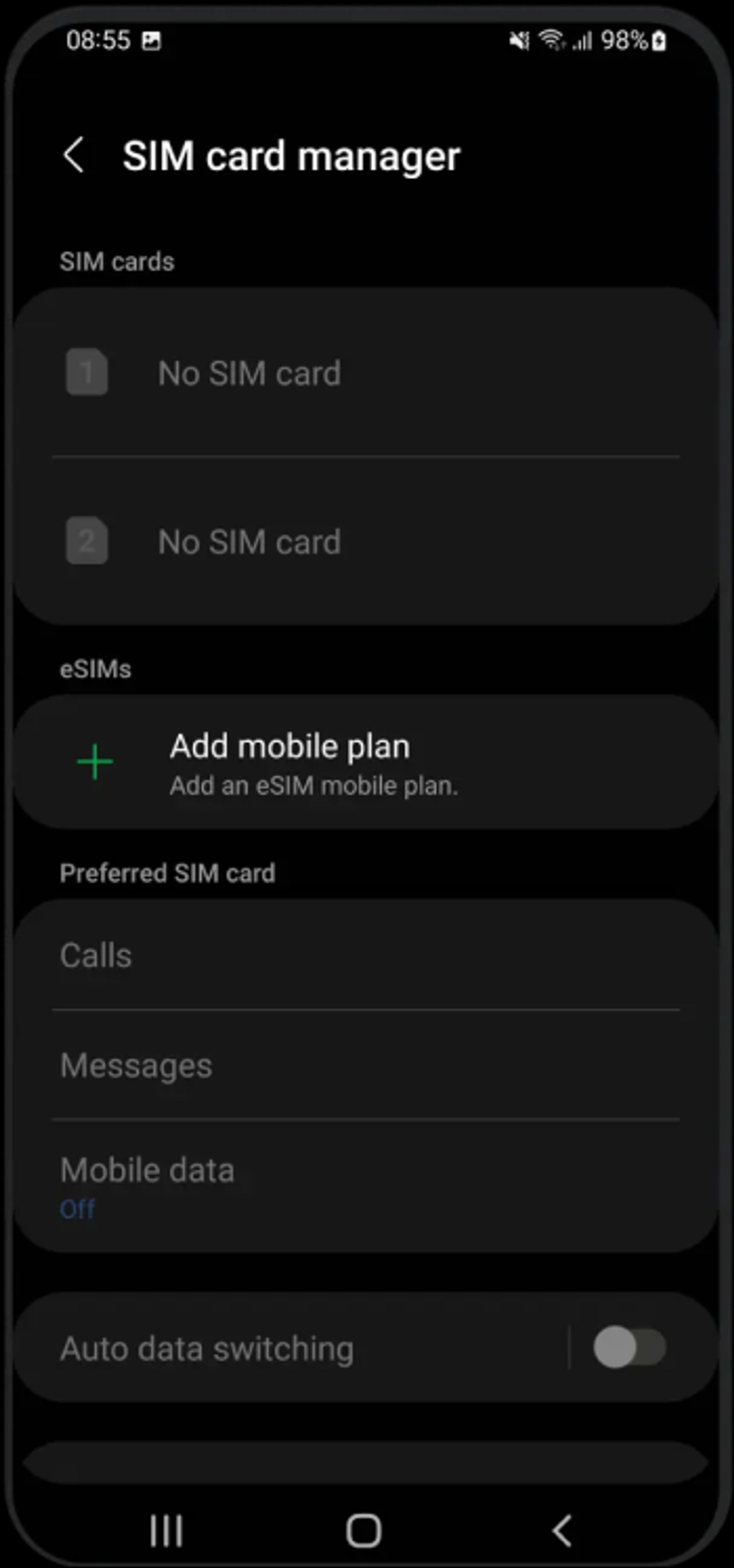 Add Mobile Plan button on SIM Card Manager page on an Android Samsung device