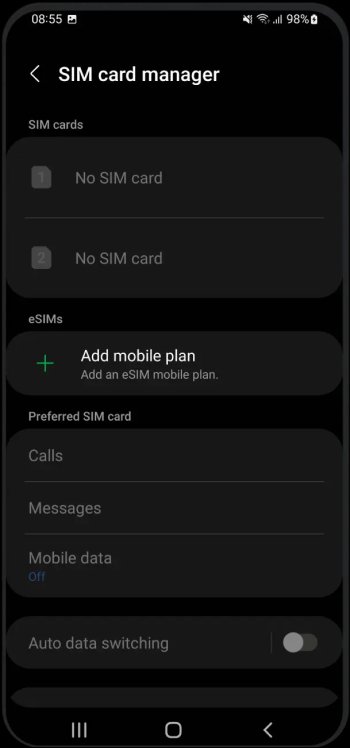Add Mobile Plan button on SIM Card Manager page on an Android Samsung device