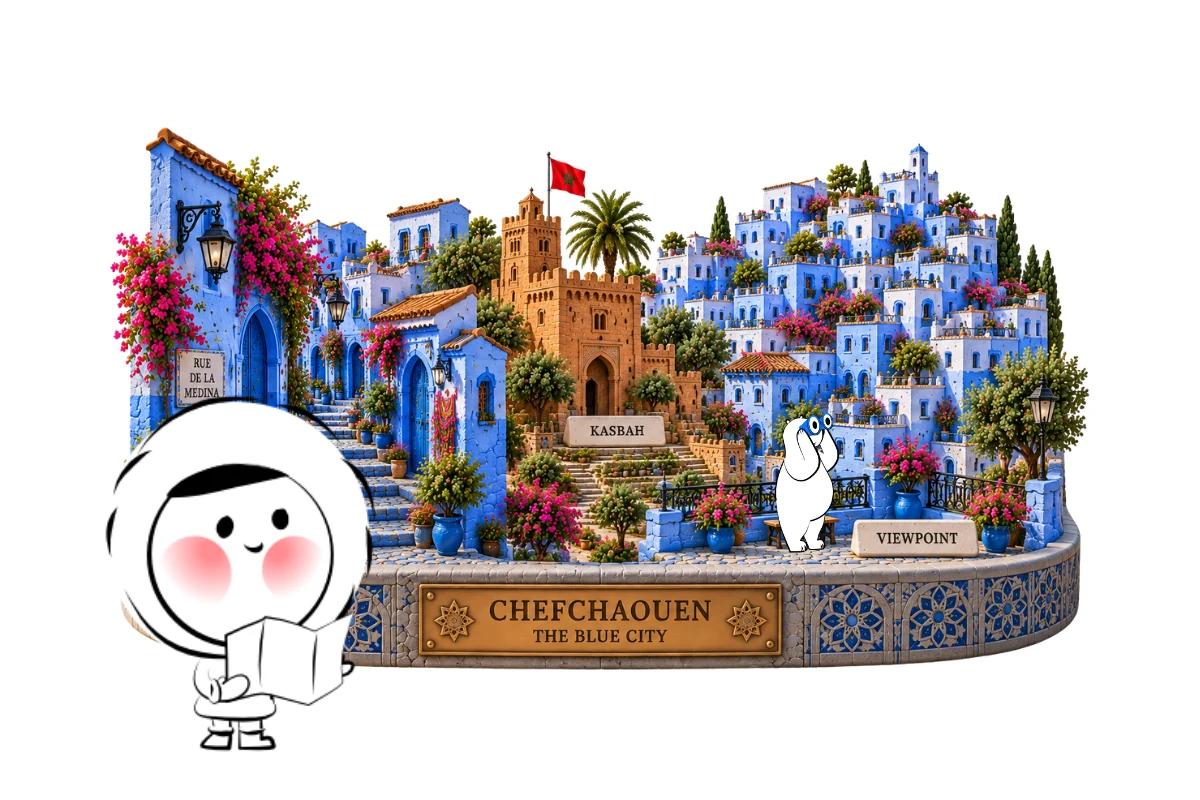 Blue-painted streets and traditional buildings in the medina of Chefchaouen, Morocco