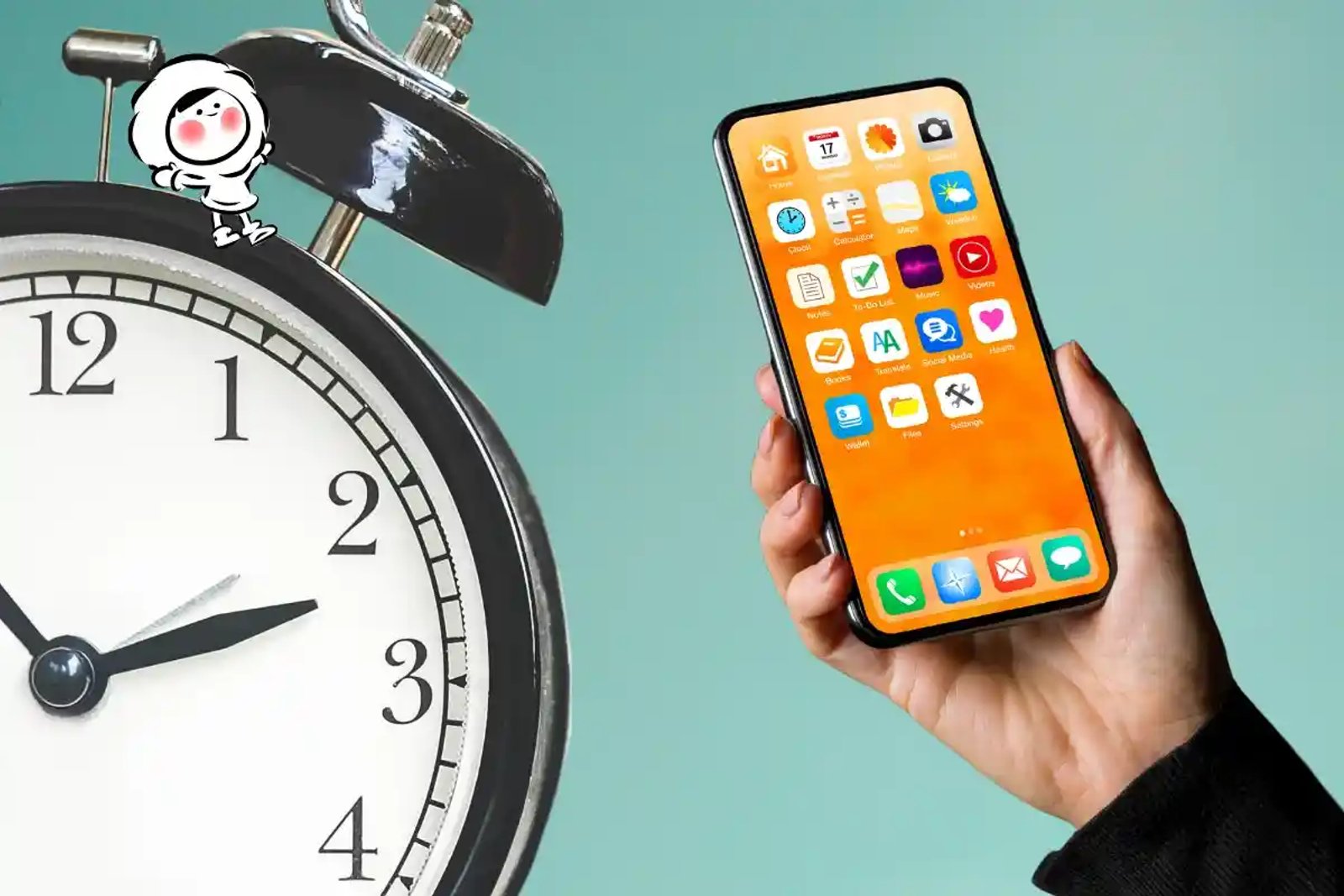 Hình ảnh một bàn tay cầm điện thoại, với đồng hồ báo thức ở nền