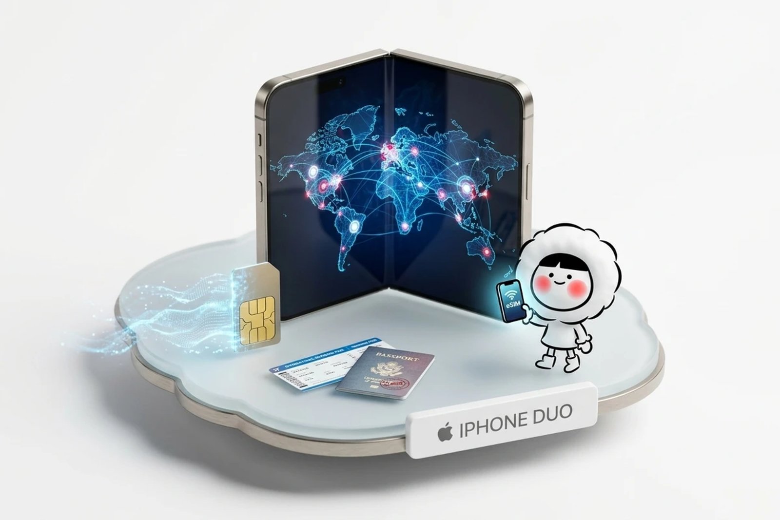 3D miniature tech diorama of the rumored Apple iPhone Duo foldable dual-screen phone with global eSIM digital connectivity waves and the Eskimo travel mascot.