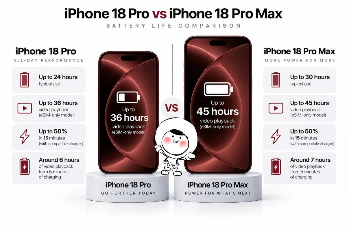 iPhone 18 Pro and iPhone 18 Pro Max side by side showing their difference in screen size