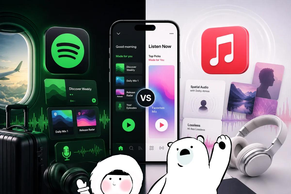 Spotify and Apple Music comparison illustration with split-screen music app visuals, headphones, playlists, and travel elements.