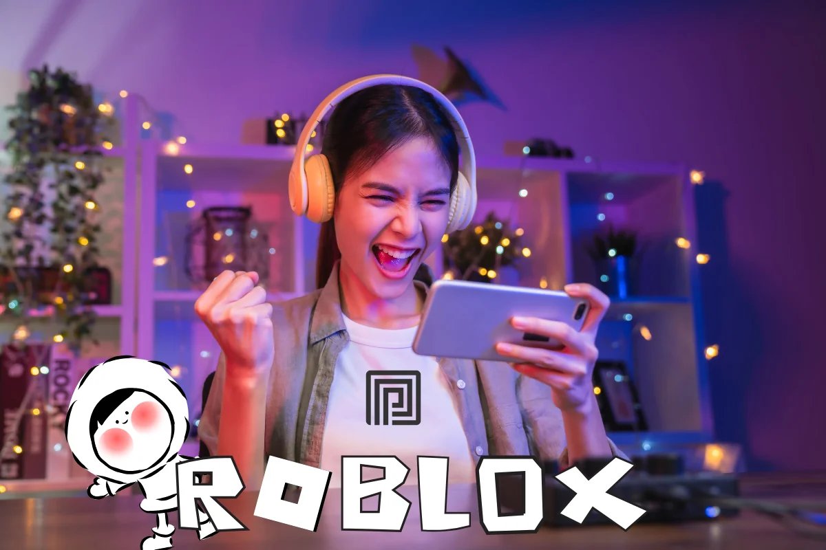A young woman wearing headphones celebrates while playing a game on her smartphone in a colorful, LED-lit room with shelves and decorative lights.