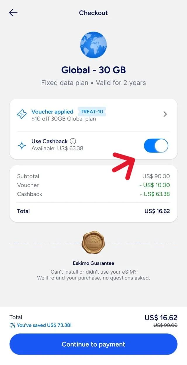 Screenshot of Eskimo checkout page, with a new toggle option for cashback, now usable as credits for your next data plan purchase.