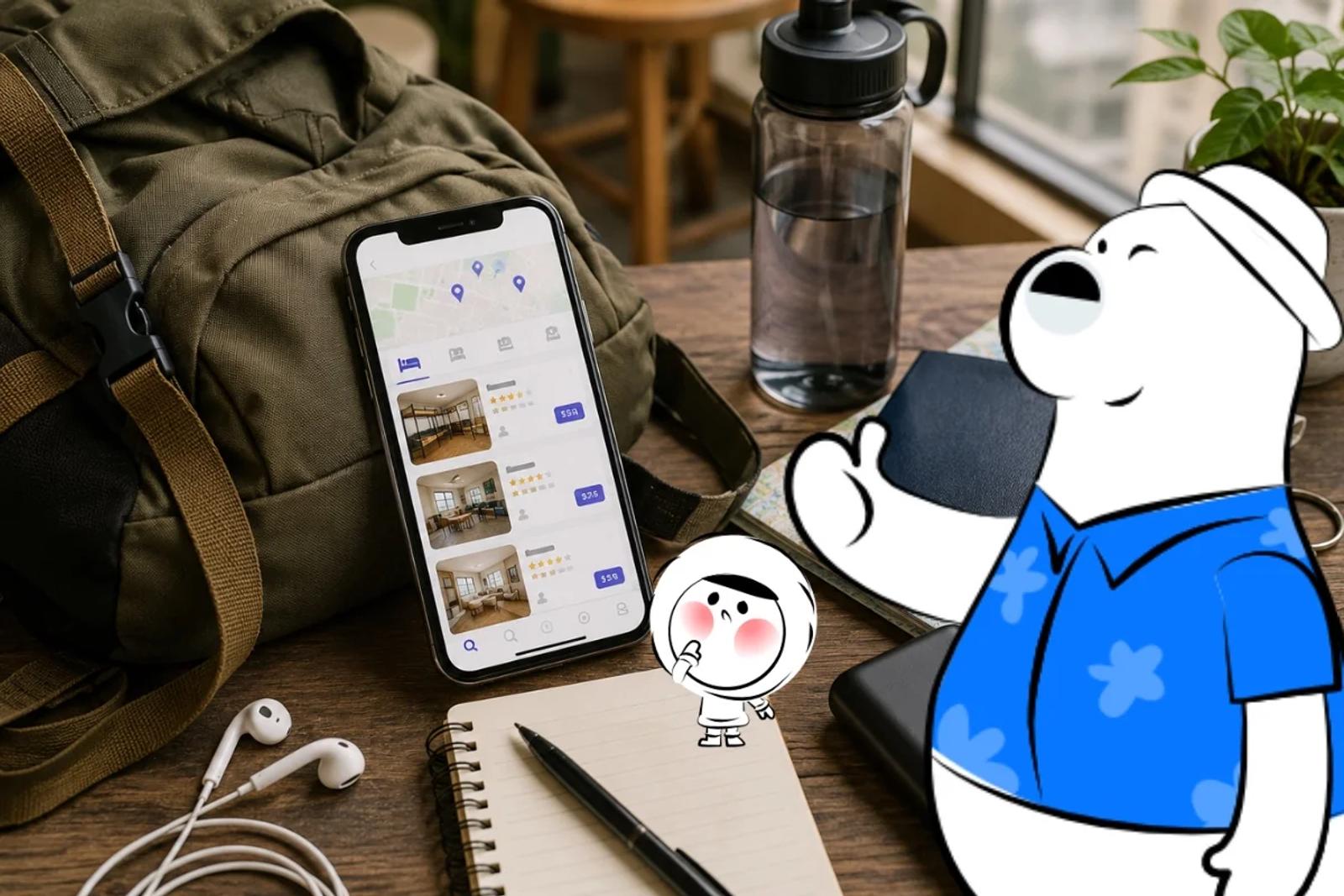Smartphone showing a hostel booking app beside a backpack, passport, map, power bank, water bottle, and travel essentials.