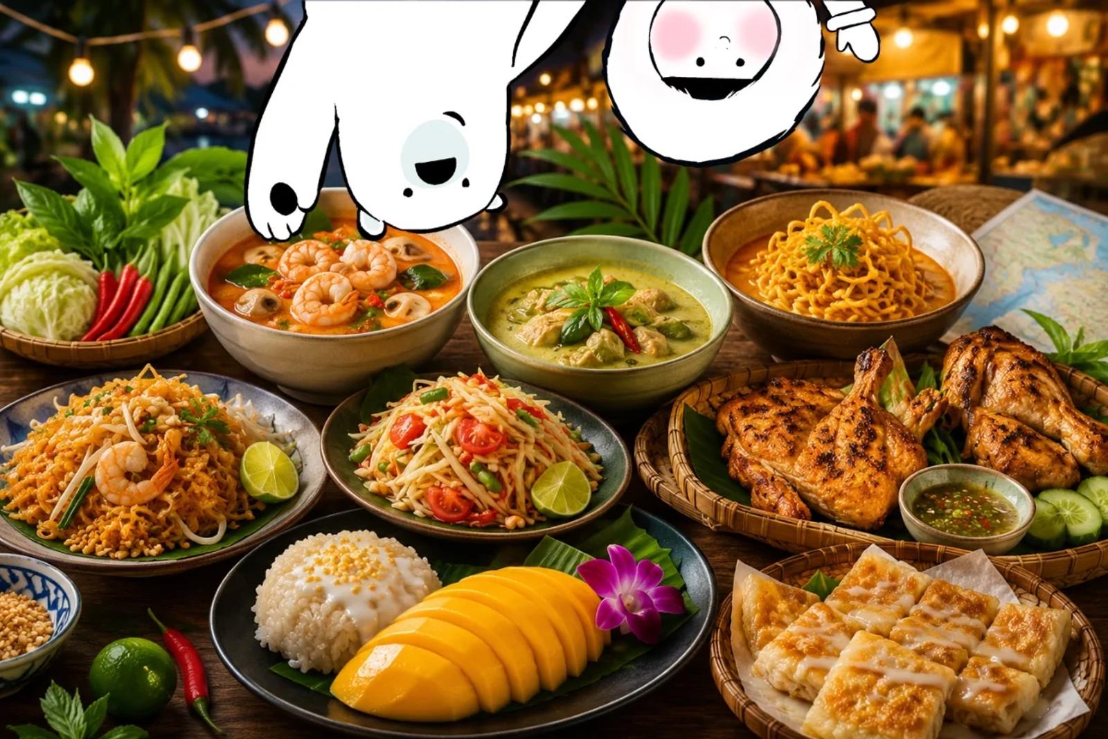 Traditional Thai food spread with pad Thai, tom yum goong, green curry, khao soi, grilled chicken, som tam, mango sticky rice, and banana roti at a Thailand night market