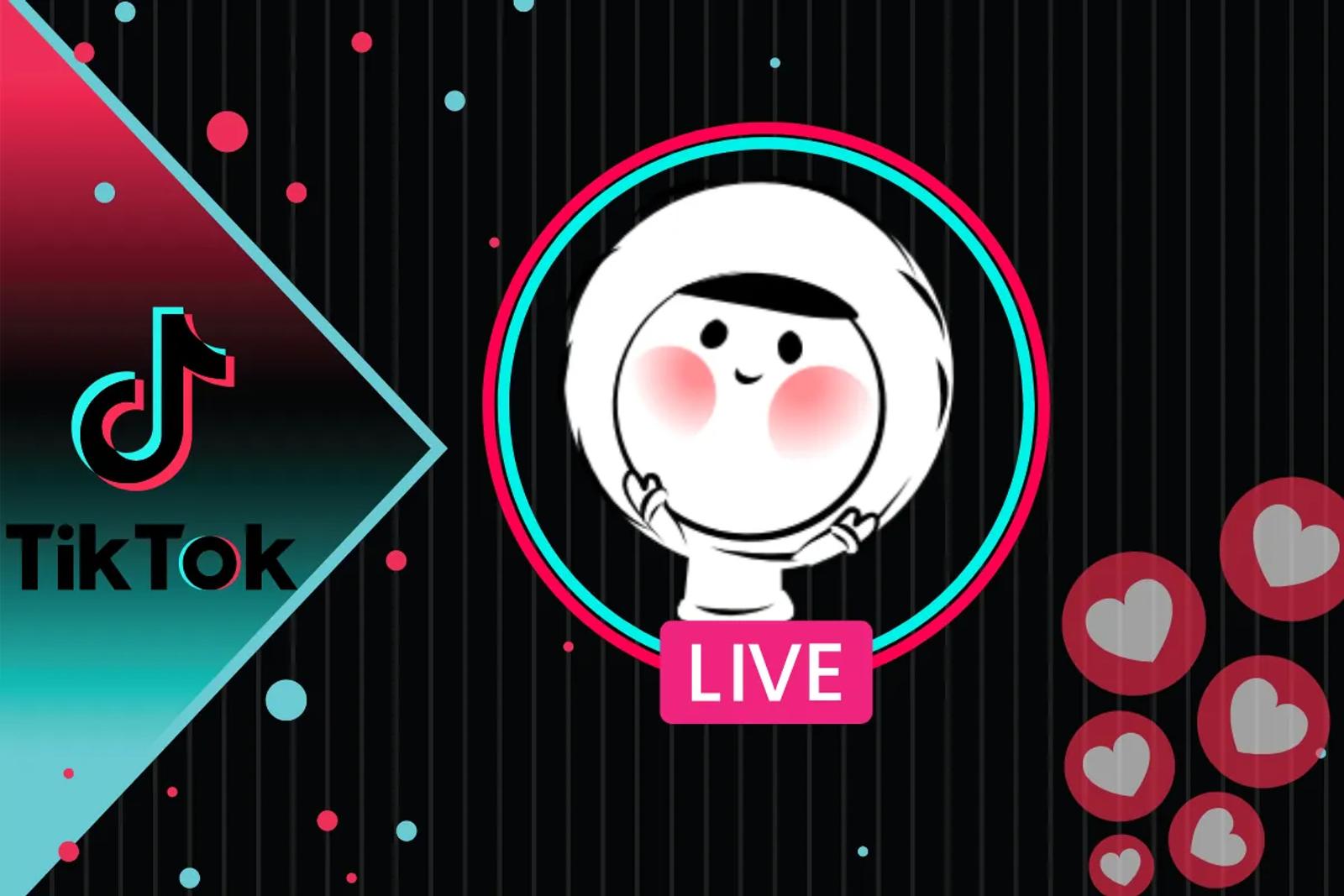 围绕 TikTok Live 主题的图形插图，包含 TikTok 标志、带有“LIVE”标签的圆形个人资料风格插图、漂浮的心形图标，以及带有彩色点缀的深色背景。