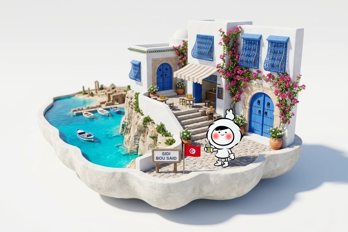 Panoramic view of Sidi Bou Said in Tunisia, featuring traditional whitewashed buildings, bright blue doors and windows, and Mediterranean coastal scenery overlooking the Gulf of Tunis.