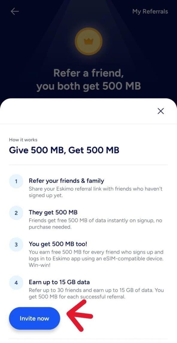 Eskimo in-app T&Cs on how the referral program works to get more free Global eSIM data wiht no credit card