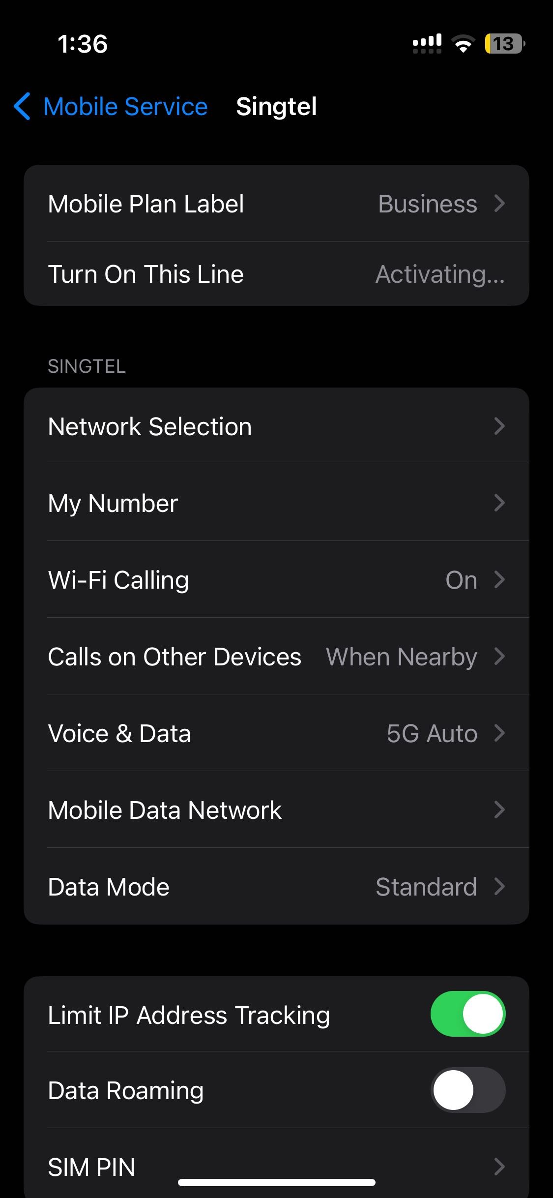 iOS Settings page showing that the eSIM is stuck at Actiivating