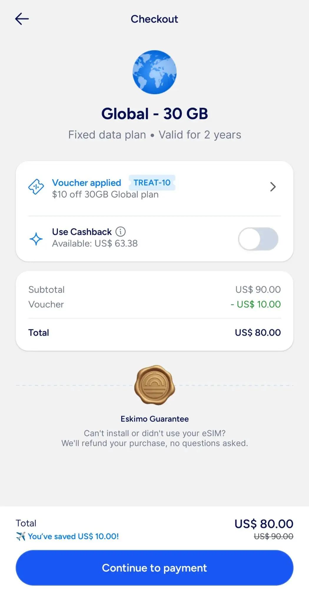 Screenshot of the Eskimo app's checkout page, showing a new feature where promo code is applied automatically, starting from the one that gives the most value first.