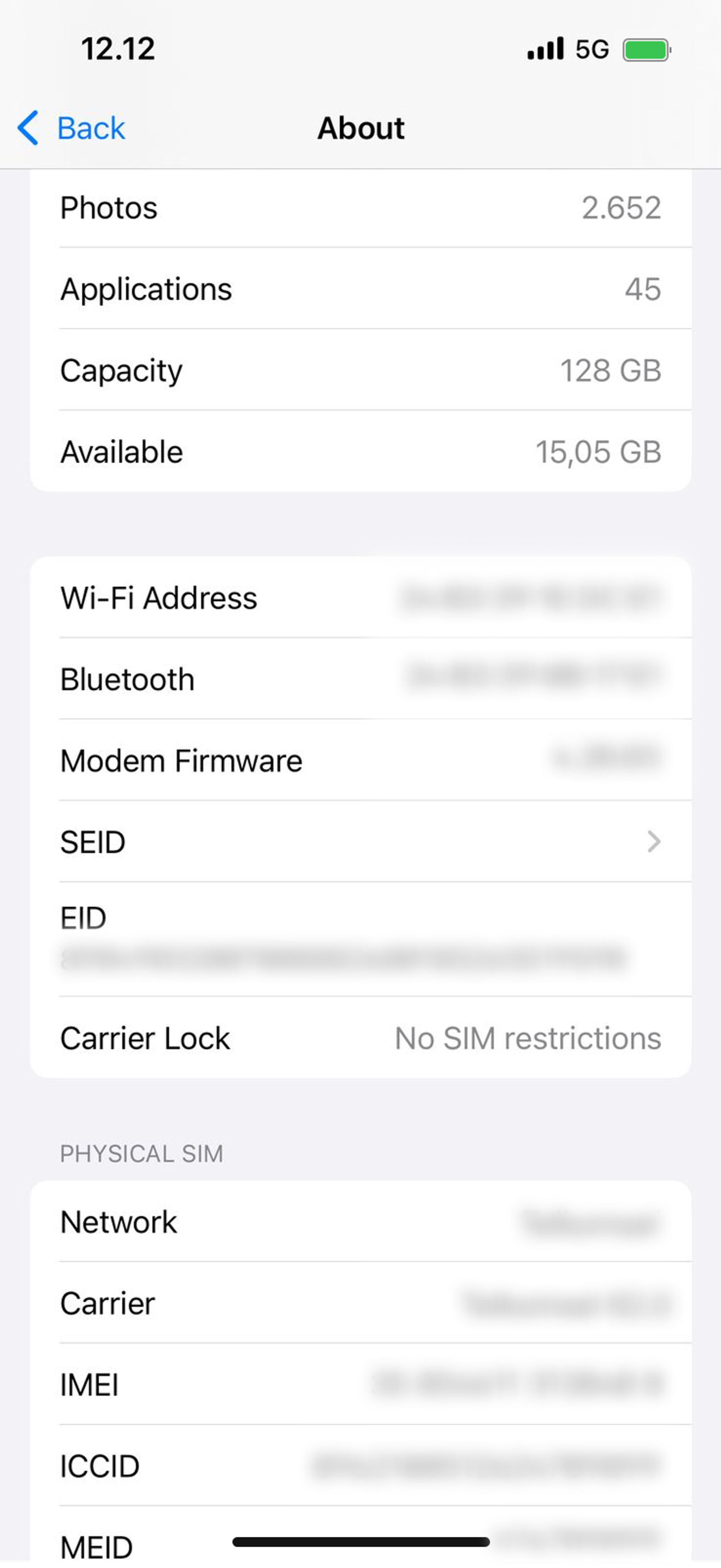 Разблокированное устройство iOS, показывающее отсутствие ограничений SIM в настройках, что означает, что это устройство не заблокировано сетью, SIM или оператором