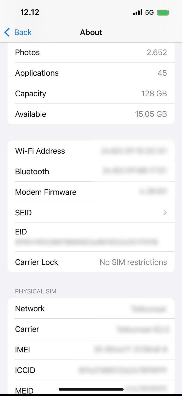 Unlocked iOS device showing No SIM restrictions on its settings page, meaning that this device is not network, SIM or carrier locked