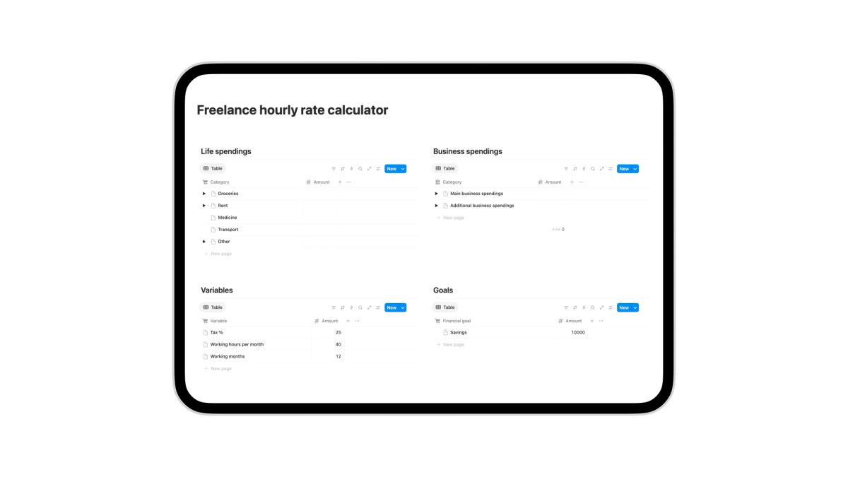 Calculate your real income with Freelance Hourly Rate Calculator Notion template