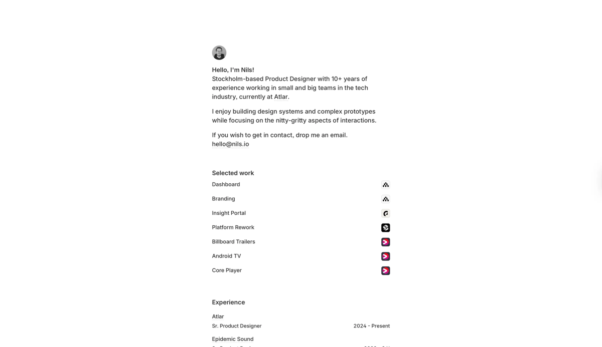 Nils Helmersson - minimalistic personal portfolio website