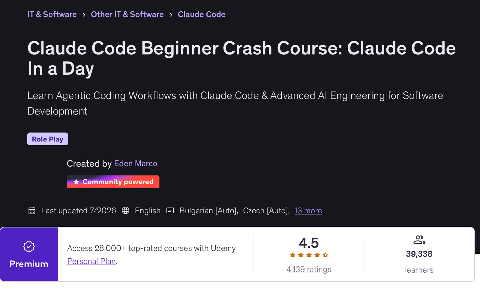 Udemy page for Claude Code Beginner Crash Course: Claude Code In a Day by Eden Marco, last updated July 2026, with a 4.5 rating from 4,139 ratings and 39,338 learners