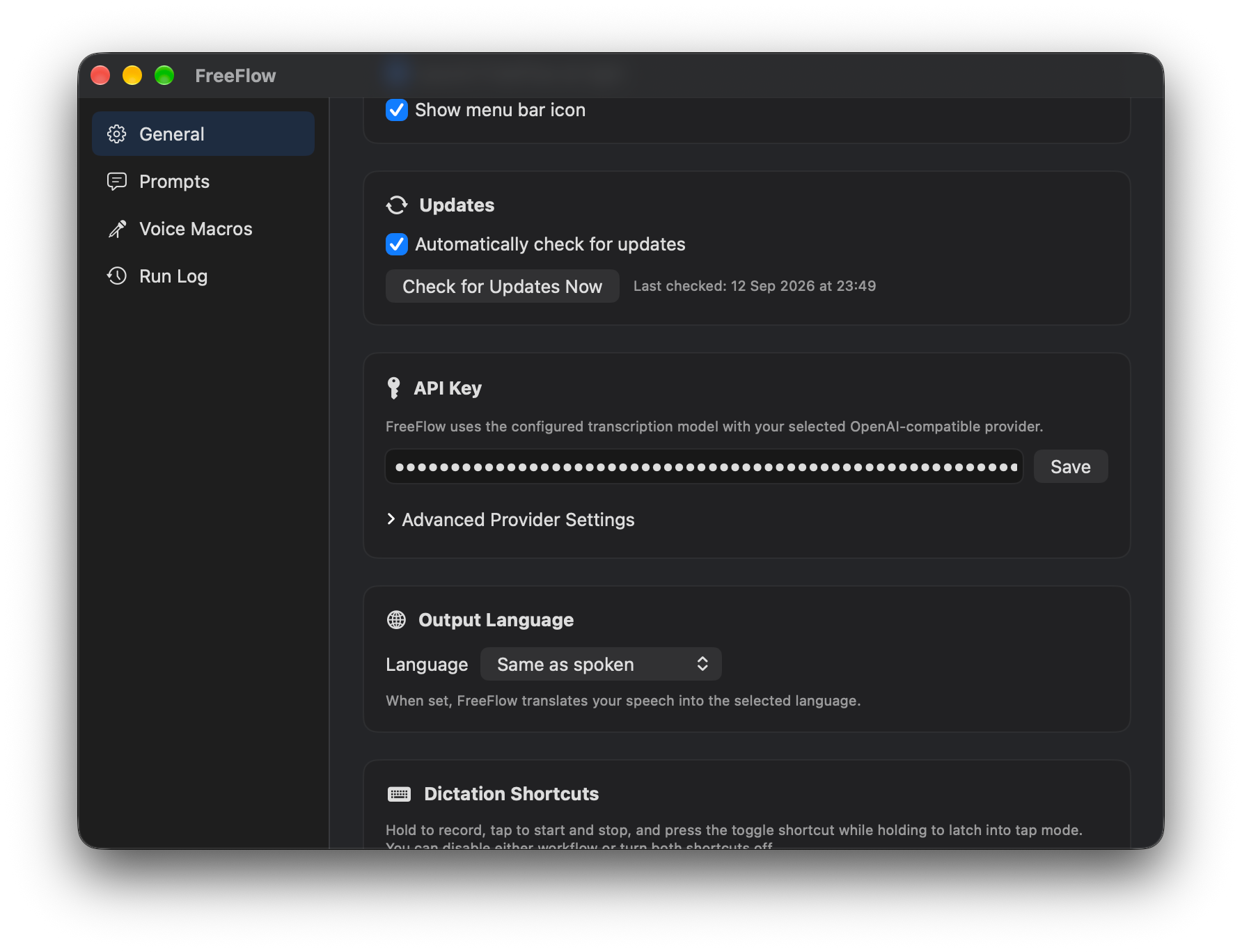 Connect your Groq key and set the hold-to-talk shortcut