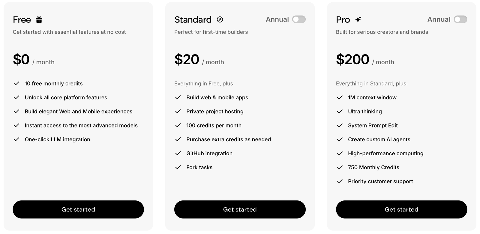 Emergent pricing page showing Free at $0 with 10 credits, Standard at $20 a month with 100 credits, and Pro at $200 a month with 750 credits