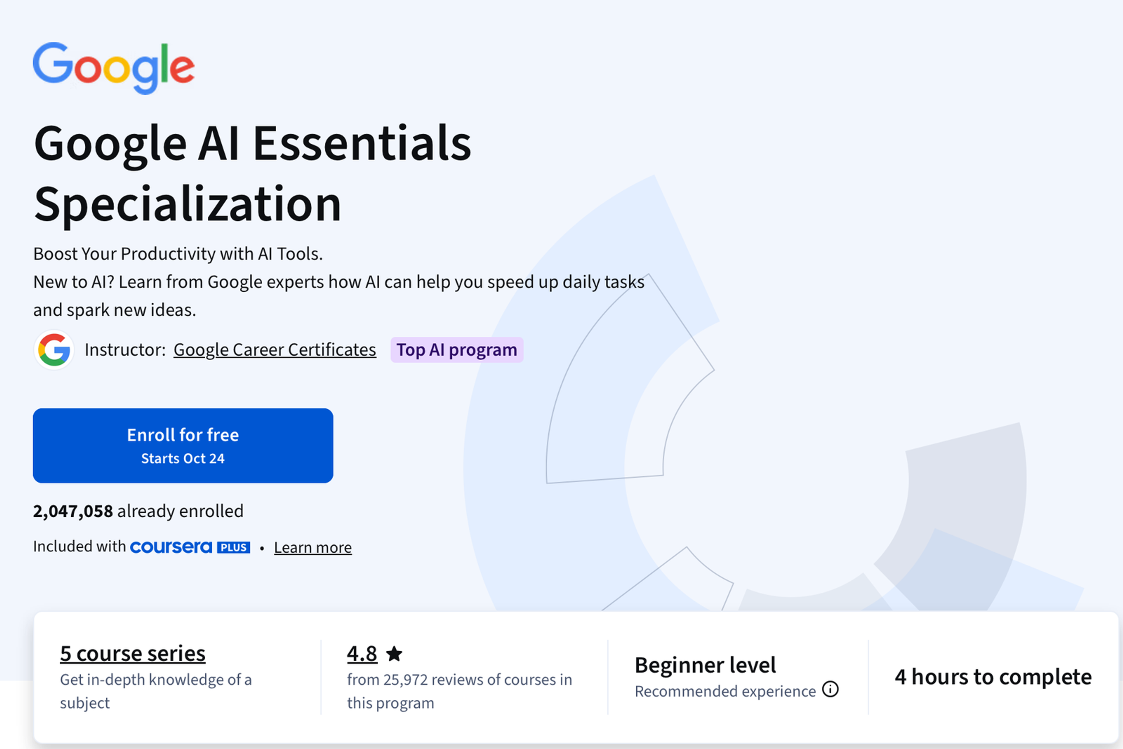 Coursera page for the Google AI Essentials Specialization from Google Career Certificates, showing 2,047,058 already enrolled, included with Coursera Plus, a 5 course series, a 4.8 rating from 25,972 reviews, beginner level and 4 hours to complete
