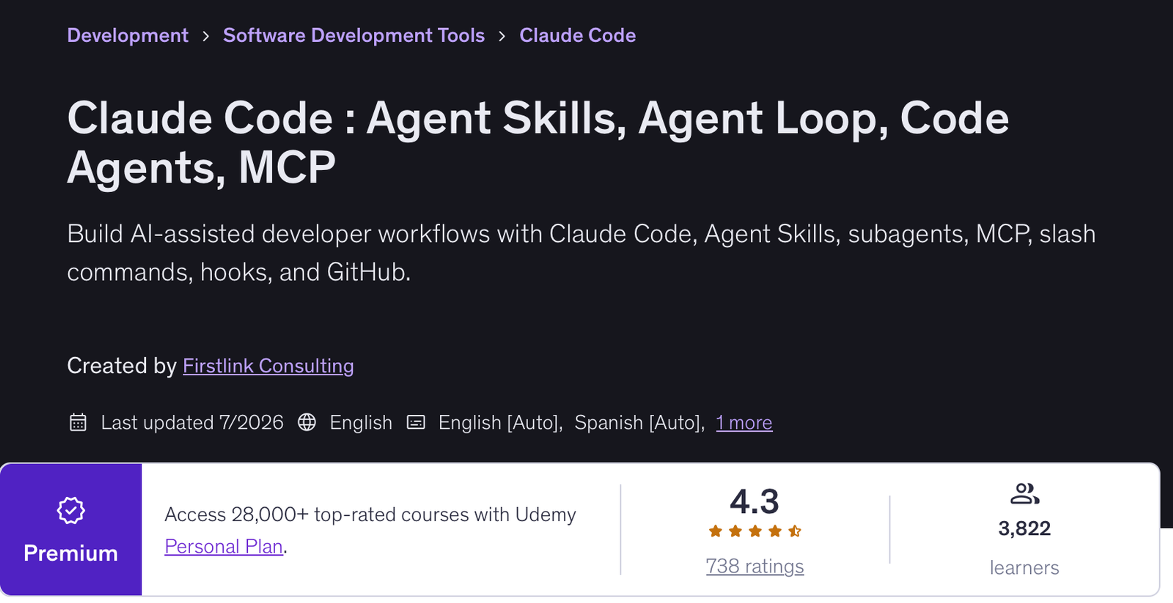 Udemy page for Claude Code: Agent Skills, Agent Loop, Code Agents, MCP by Firstlink Consulting, last updated July 2026, with a 4.3 rating from 738 ratings and 3,822 learners