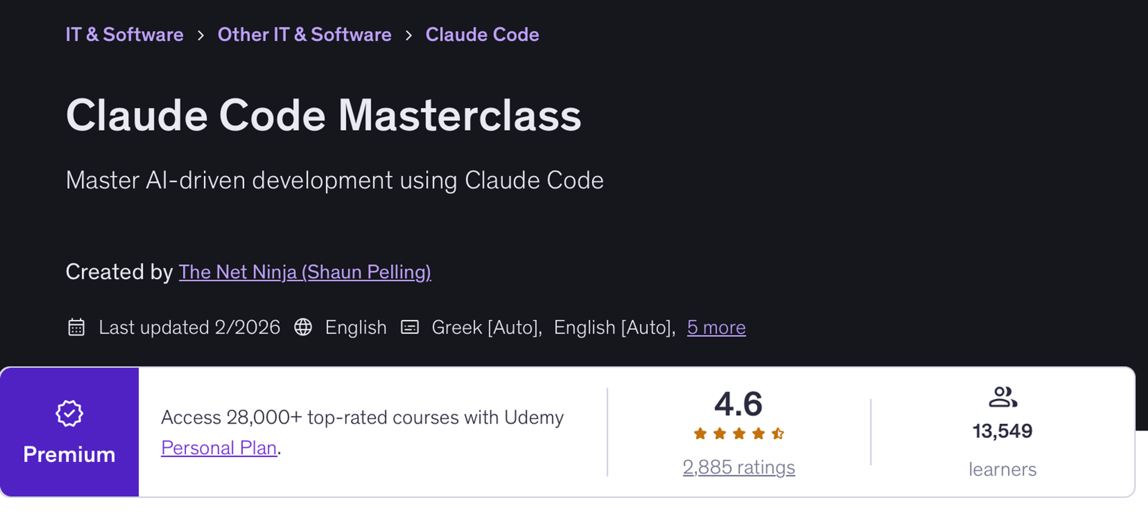 Udemy page for Claude Code Masterclass by The Net Ninja (Shaun Pelling), last updated February 2026, with a 4.6 rating from 2,885 ratings and 13,549 learners