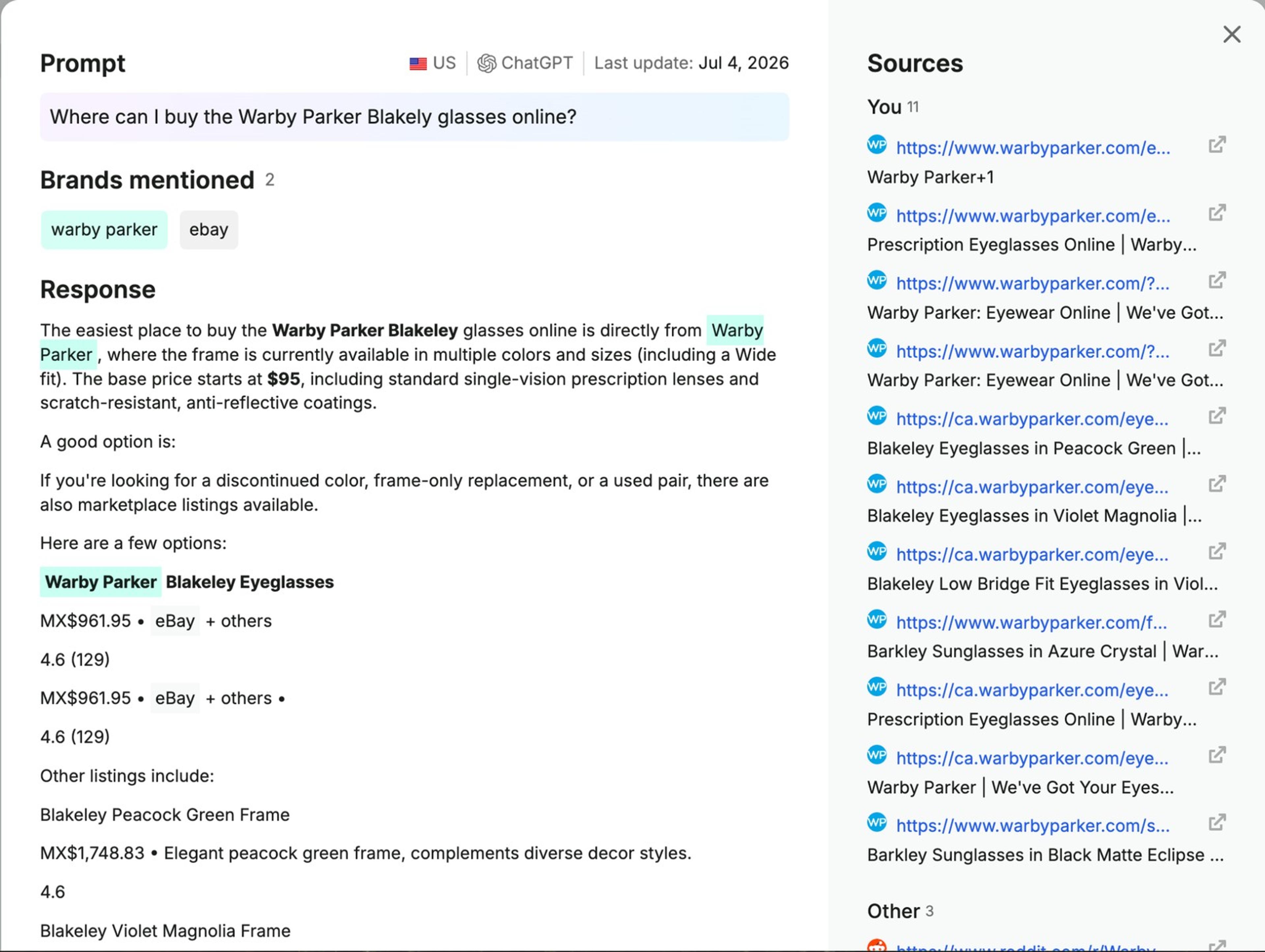 Semrush Visibility Overview prompt panel for the ChatGPT prompt Where can I buy the Warby Parker Blakely glasses online, showing brands mentioned, the AI response and a list of cited sources from the brand's own site and other domains