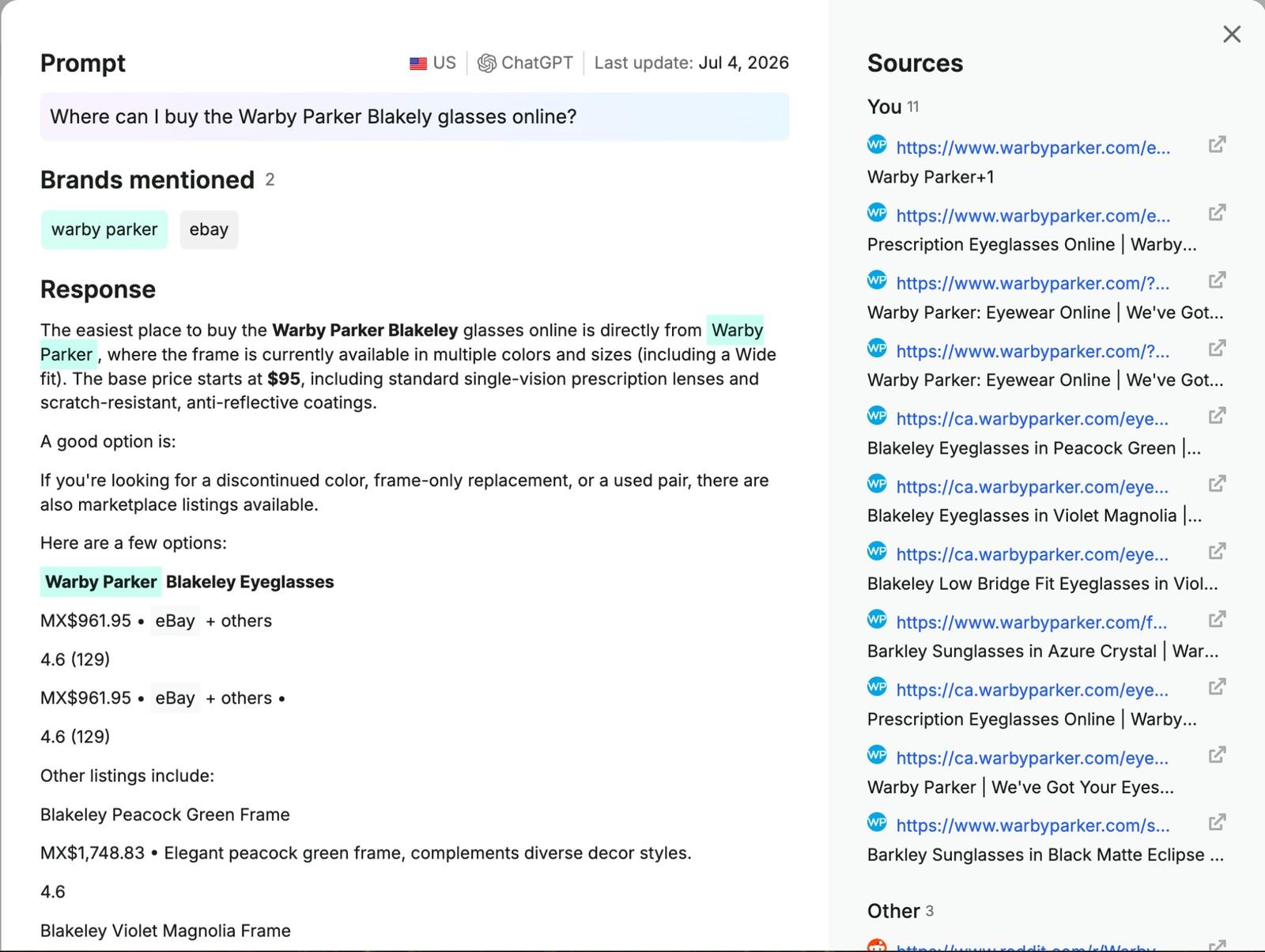 Semrush Visibility Overview prompt panel for the ChatGPT prompt Where can I buy the Warby Parker Blakely glasses online, showing brands mentioned, the AI response and a list of cited sources from the brand's own site and other domains