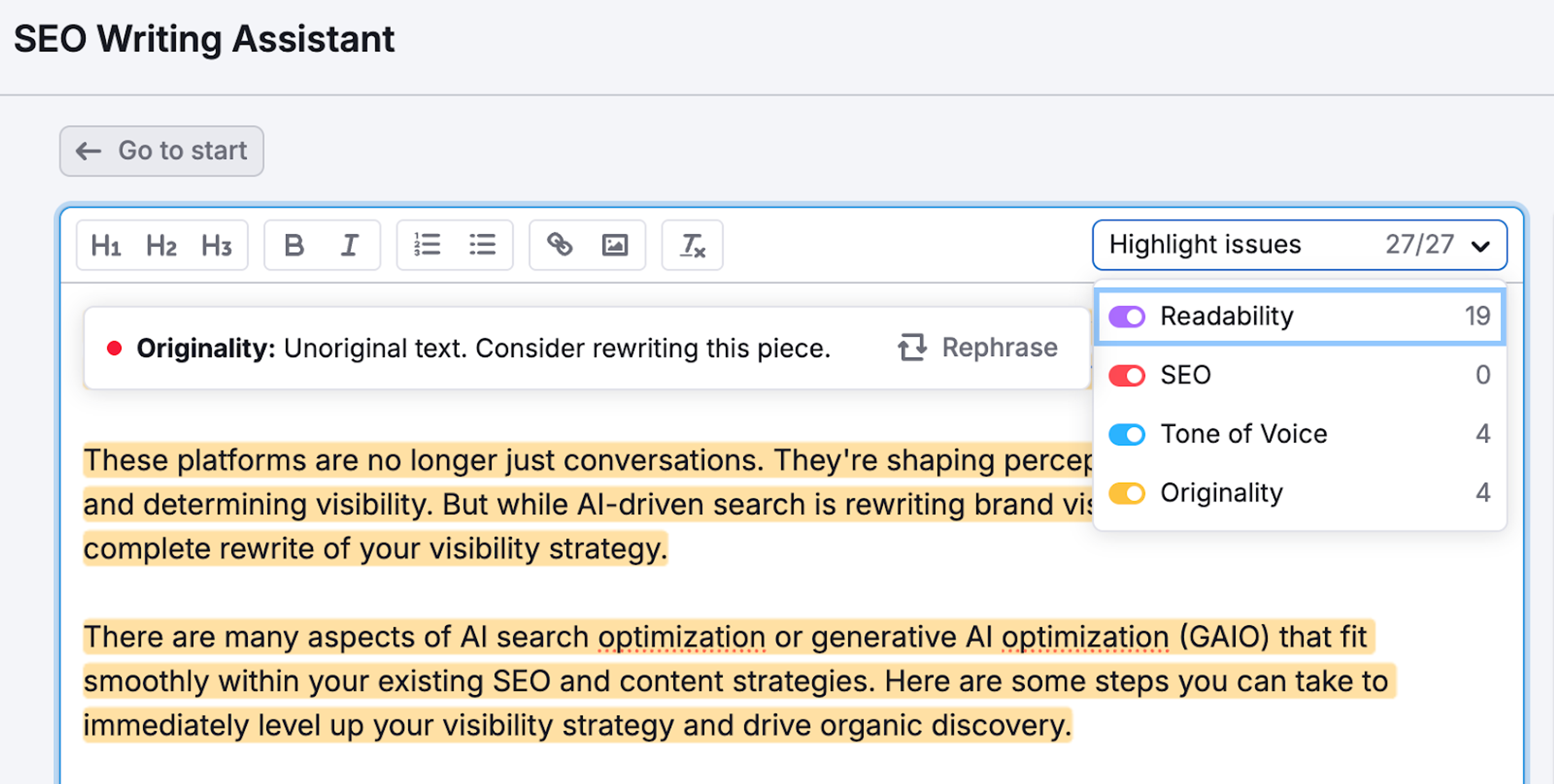 SEO Writing Assistant highlighting a passage in yellow with an Originality warning that reads Unoriginal text, consider rewriting this piece, next to a Rephrase button