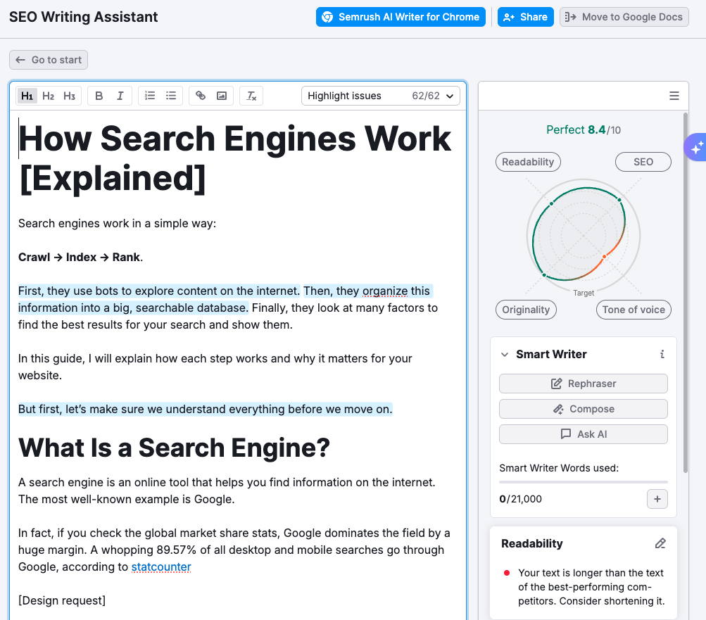 Semrush SEO Writing Assistant editor with an article about how search engines work on the left and a panel on the right showing an overall score with readability, SEO, originality and tone of voice