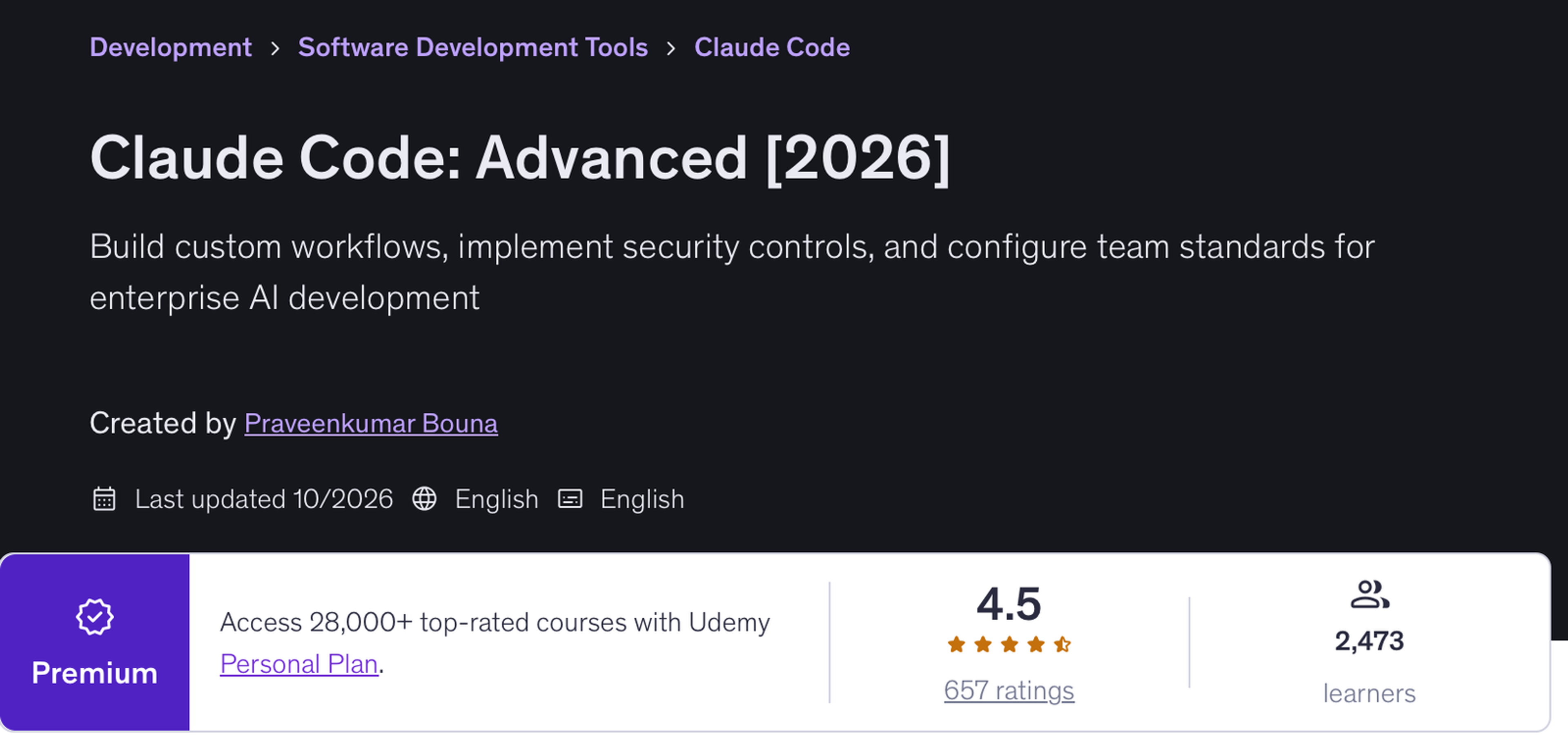 Udemy page for Claude Code: Advanced 2026 by Praveenkumar Bouna, last updated October 2026, with a 4.5 rating from 657 ratings and 2,473 learners