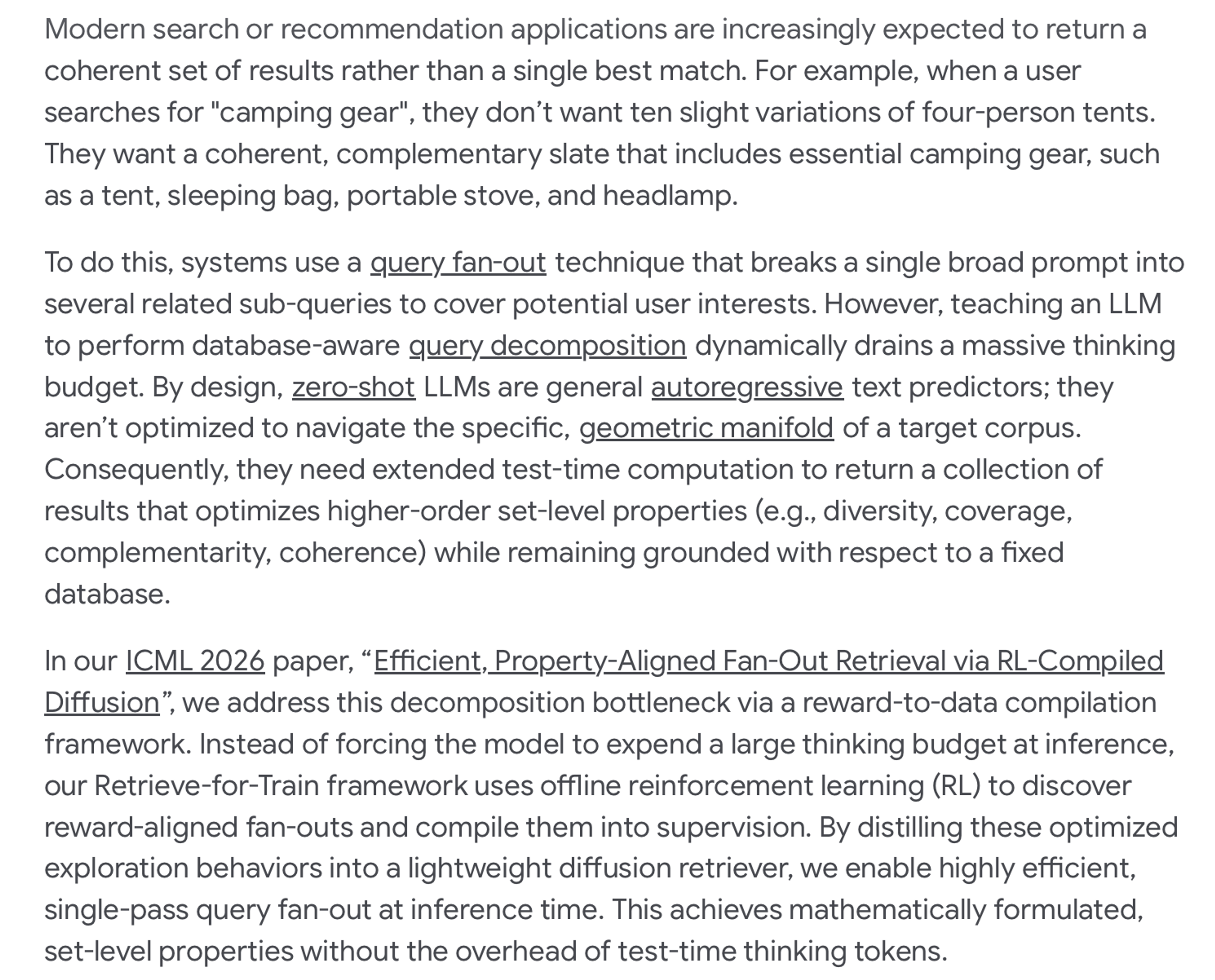 Google Research blog post explaining that query fan-out breaks a single broad prompt into several related sub-queries, using a camping gear search as the example, and introducing the Retrieve-for-Train framework