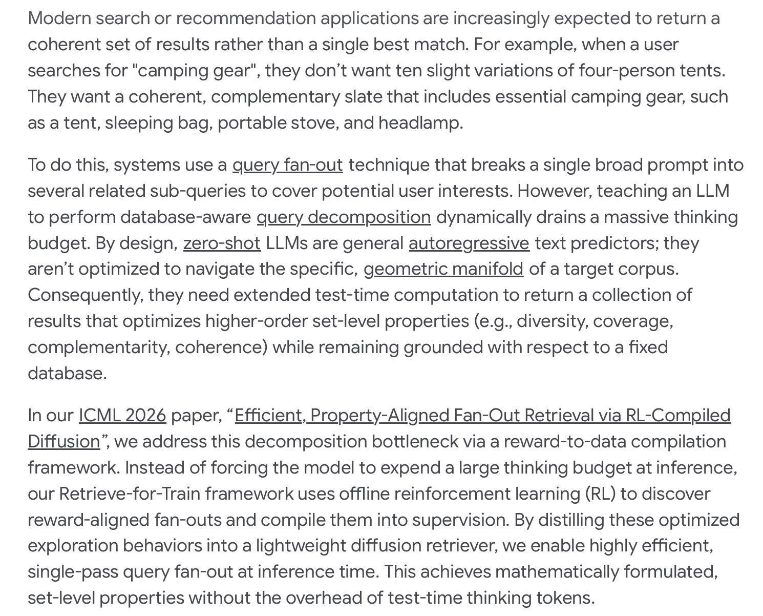 Google Research blog post explaining that query fan-out breaks a single broad prompt into several related sub-queries, using a camping gear search as the example, and introducing the Retrieve-for-Train framework