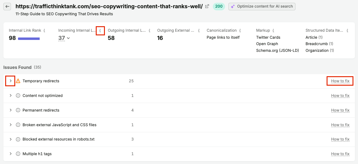 Semrush Site Audit page view for one URL showing Internal Link Rank, incoming and outgoing links, markup types, structured data items and a list of issues found, each with a How to fix link