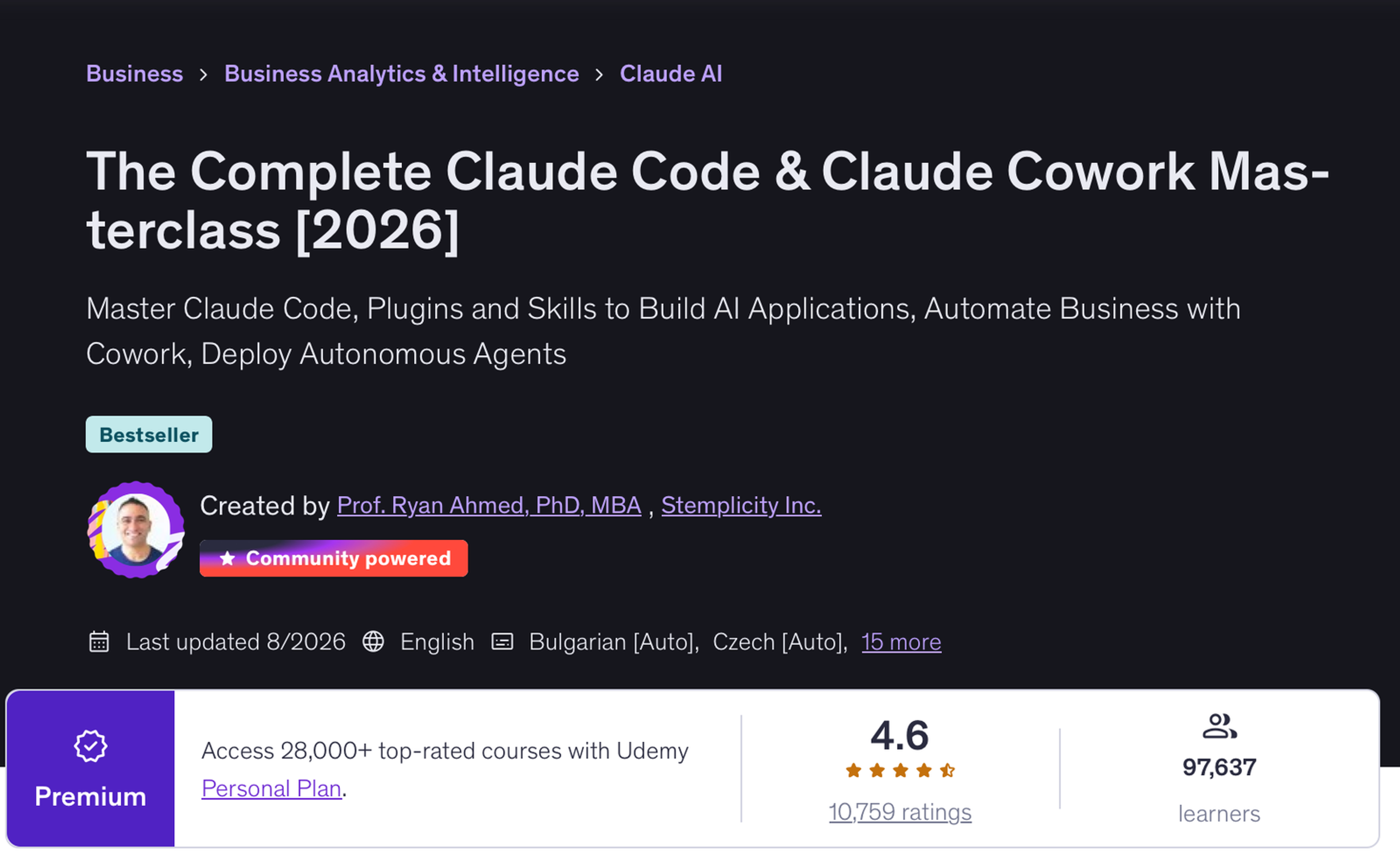 Udemy page for The Complete Claude Code and Claude Cowork Masterclass 2026 by Prof. Ryan Ahmed, showing a Bestseller badge, last updated August 2026, a 4.6 rating from 10,759 ratings and 97,637 learners