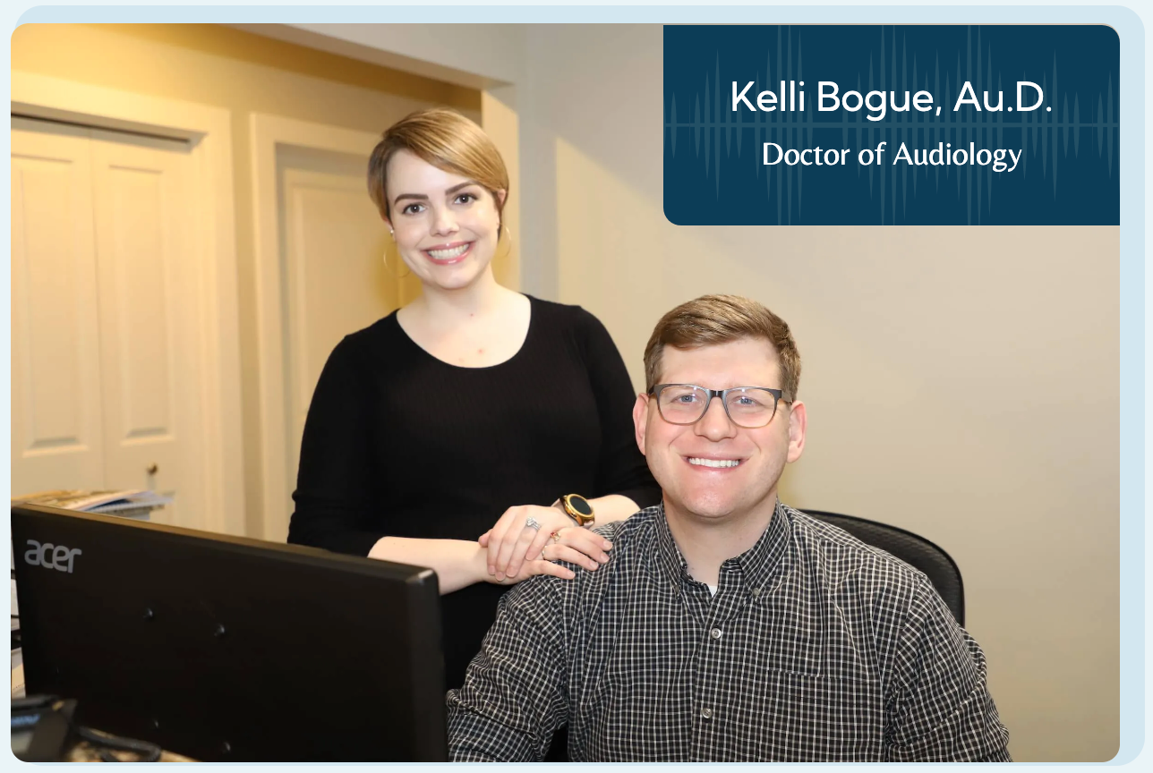 Dr. Kelli Bogue and Tyler Bogue of Community Hearing Center at the front desk