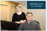 Dr. Kelli Bogue and Tyler Bogue of Community Hearing Center at the front desk