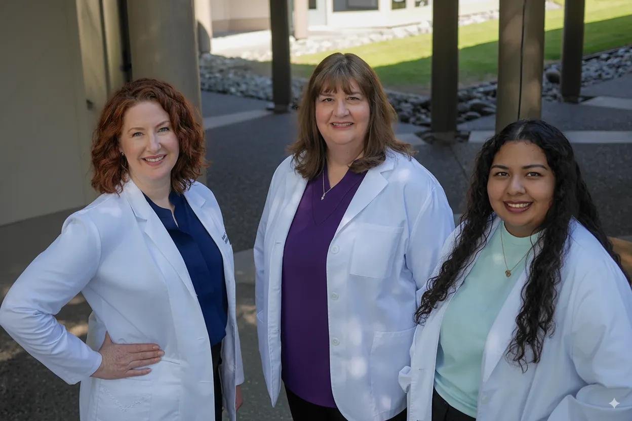 Three clinicians in white coats outside Hearing Specialty Center