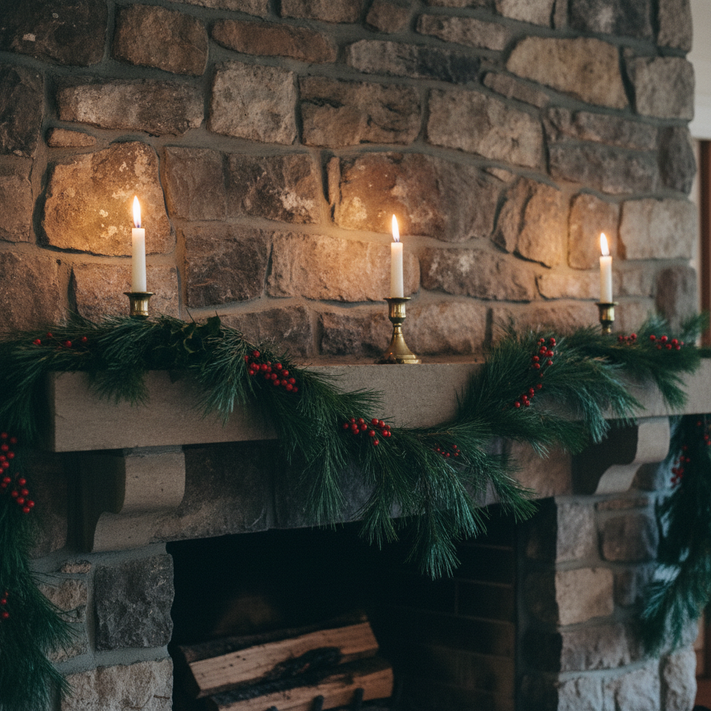 Stone fireplace mantel decorated with evergreen garland and three lit candles