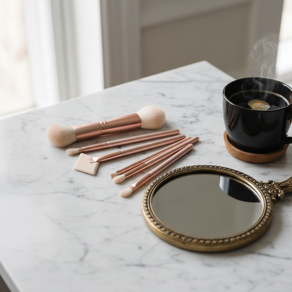Makeup brushes and handheld mirror on marble table beside coffee cup