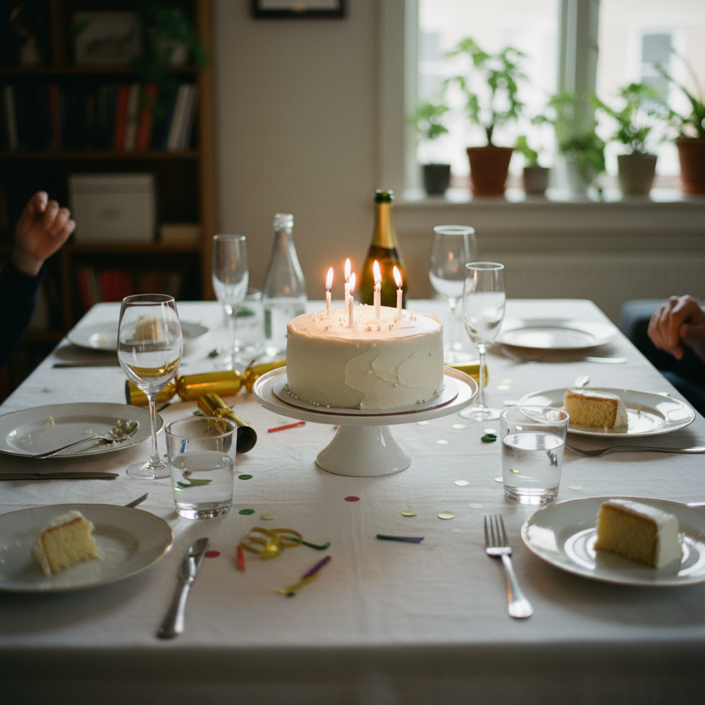 Birthday cake with lit candles on a table set for guests