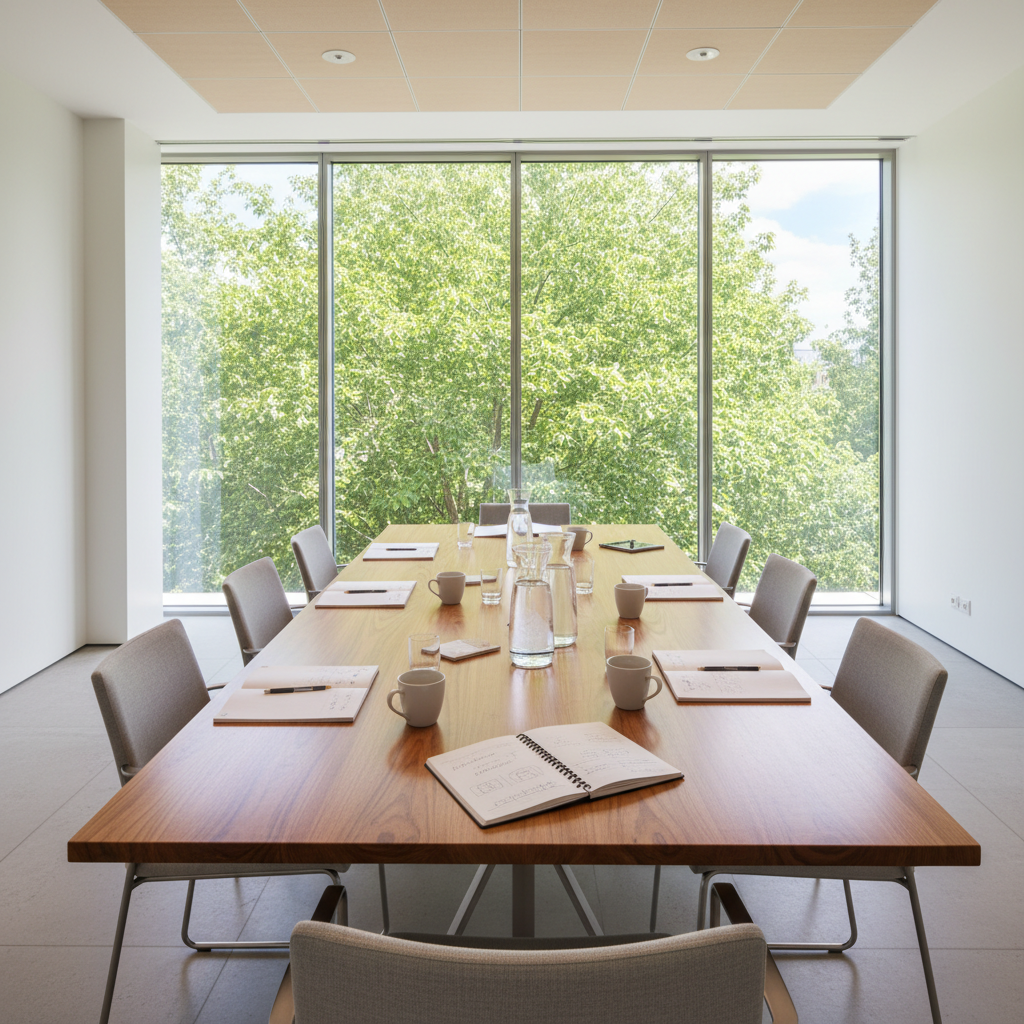 Conference room table set with notebooks, cups and water glasses