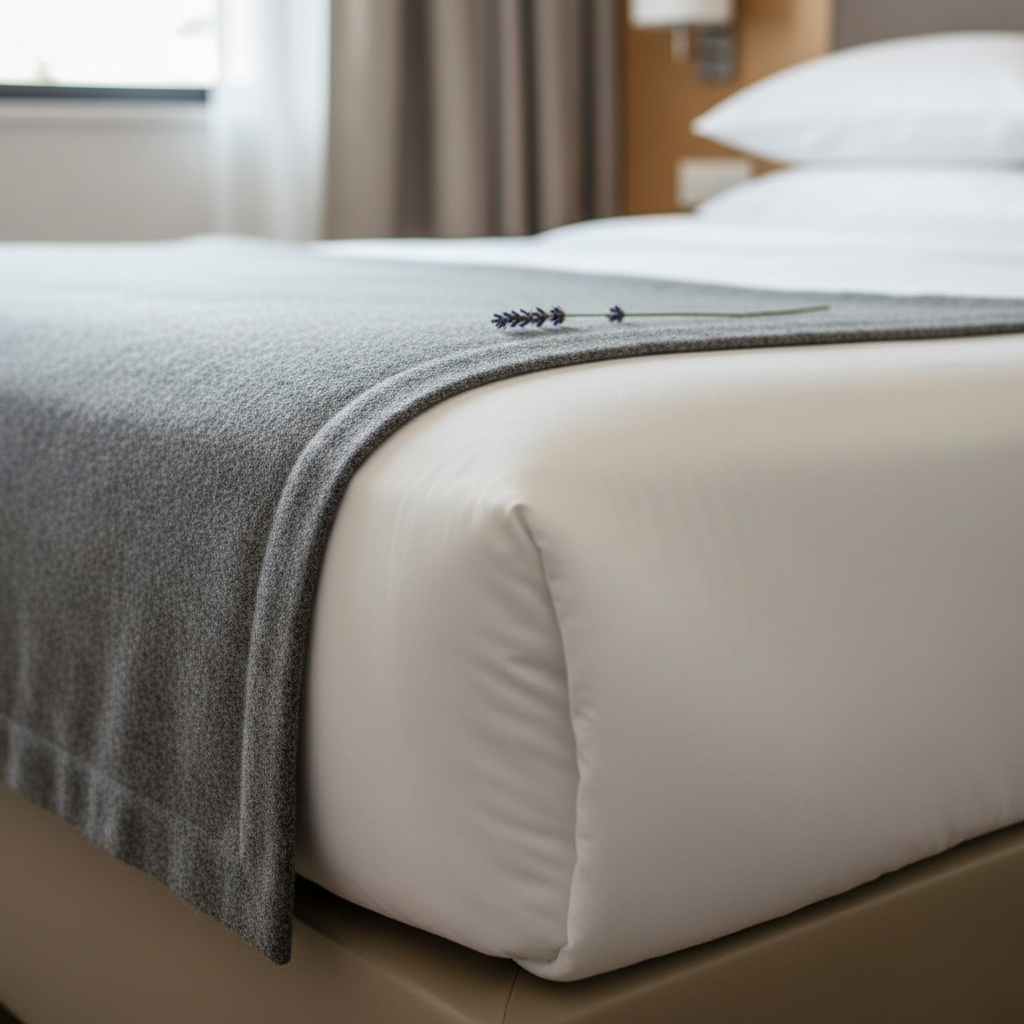 Neatly made bed with gray blanket and single lavender sprig