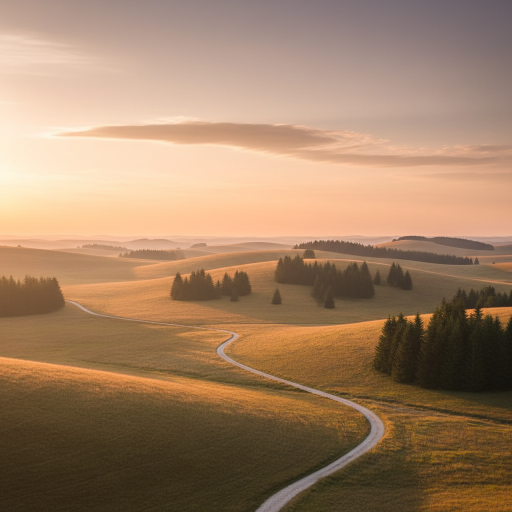 Winding path crossing rolling fields dotted with clusters of trees at sunrise