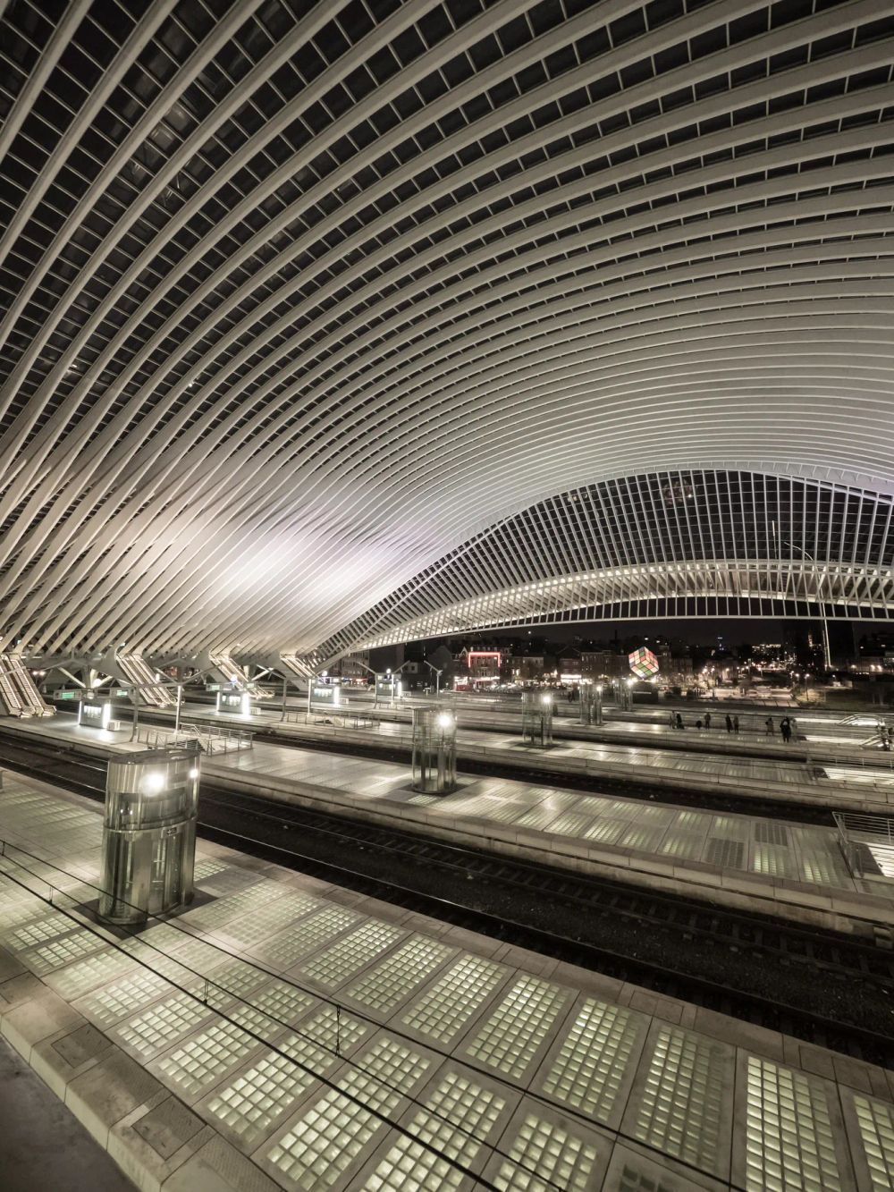 A broad ribbed station roof above platforms and glass railings at night