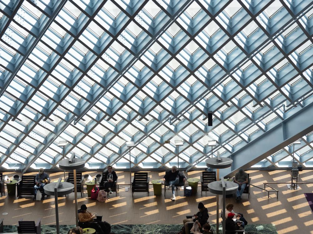 Sunlight through a diagonal glass roof casting a grid of shadows across reading tables