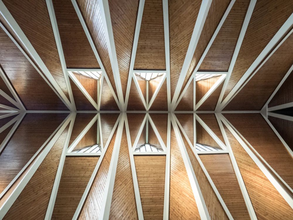 White structural ribs repeating across a warm timber ceiling