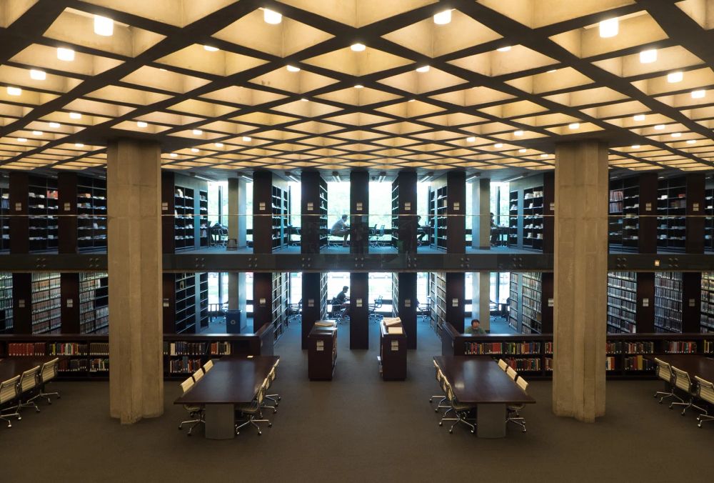 A reading room beneath a luminous square ceiling grid