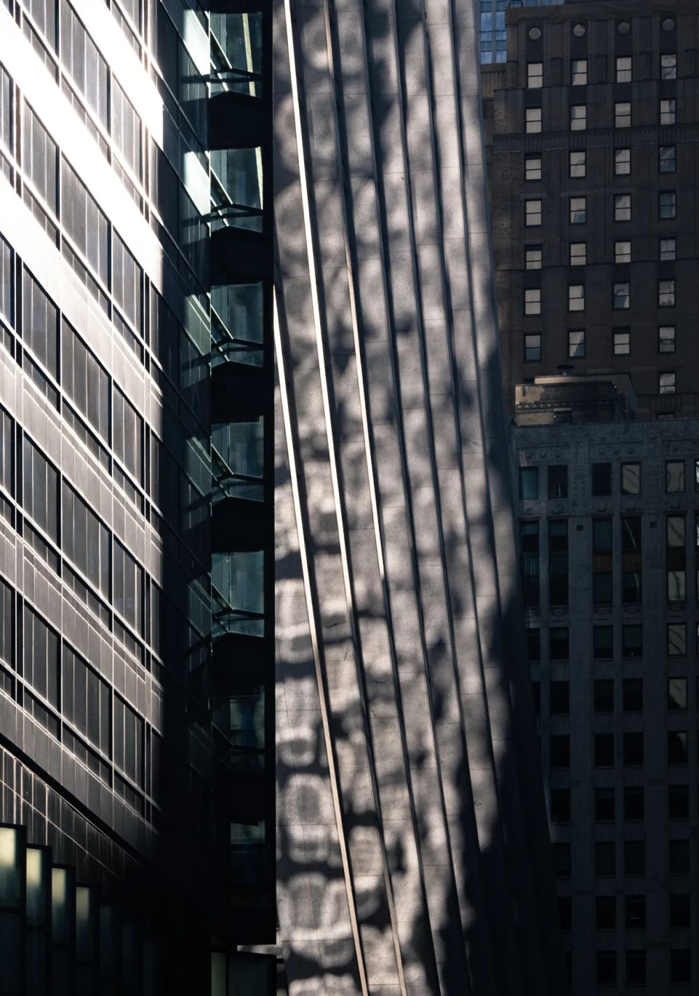 Angled sunlight and reflections falling between closely spaced glass towers