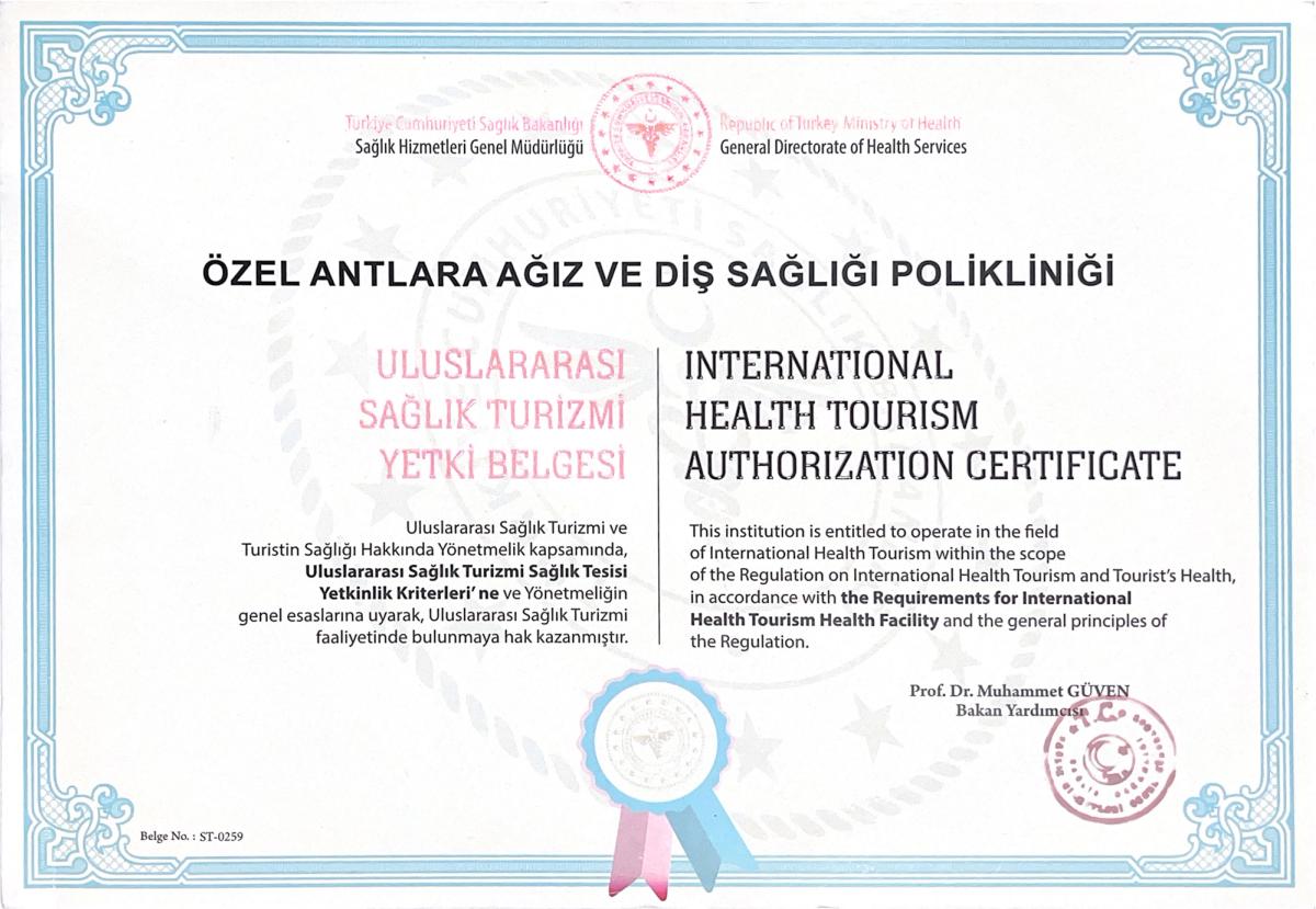 Antlara Dental Health Tourism Authorization Certificate, Antalya Dental Clinic